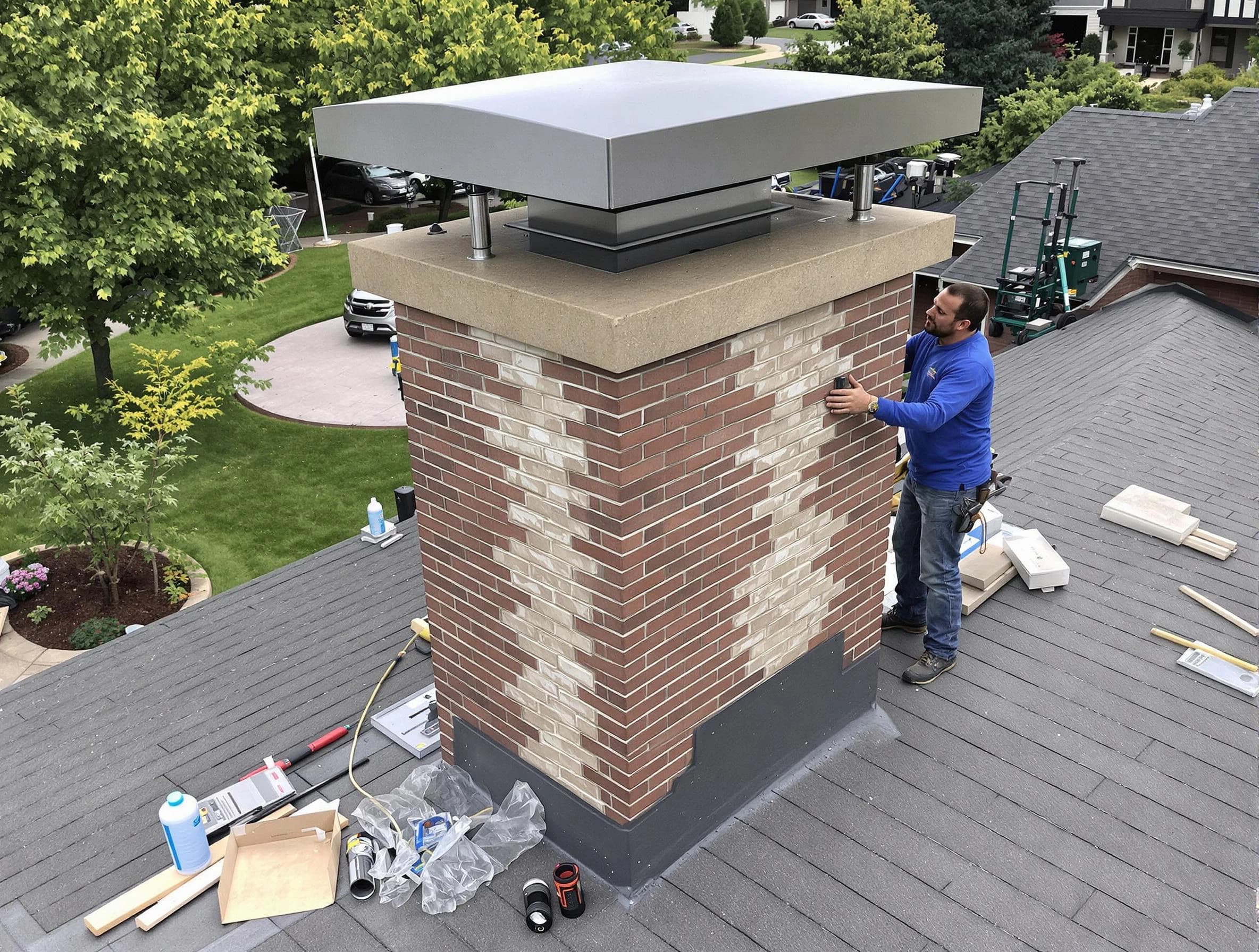 Moore Chimney Sweep team working on a custom chimney remodel in Moore, OK