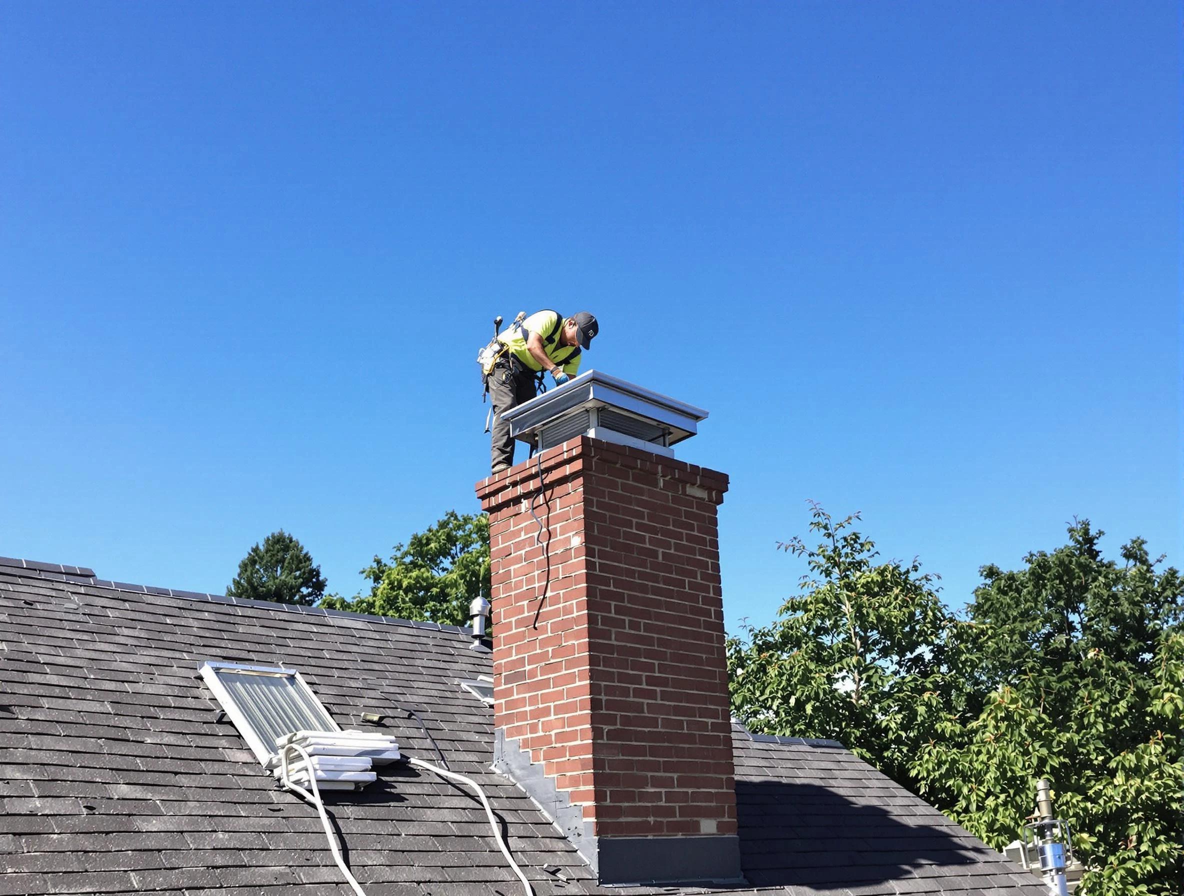 Moore Chimney Sweep technician measuring a chimney cap in Moore, OK